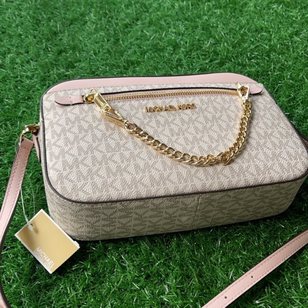 Michael Kors Jet Set Item Large East West Zip Chain Crossbody Powder Blush Multi - Picture 3 of 16